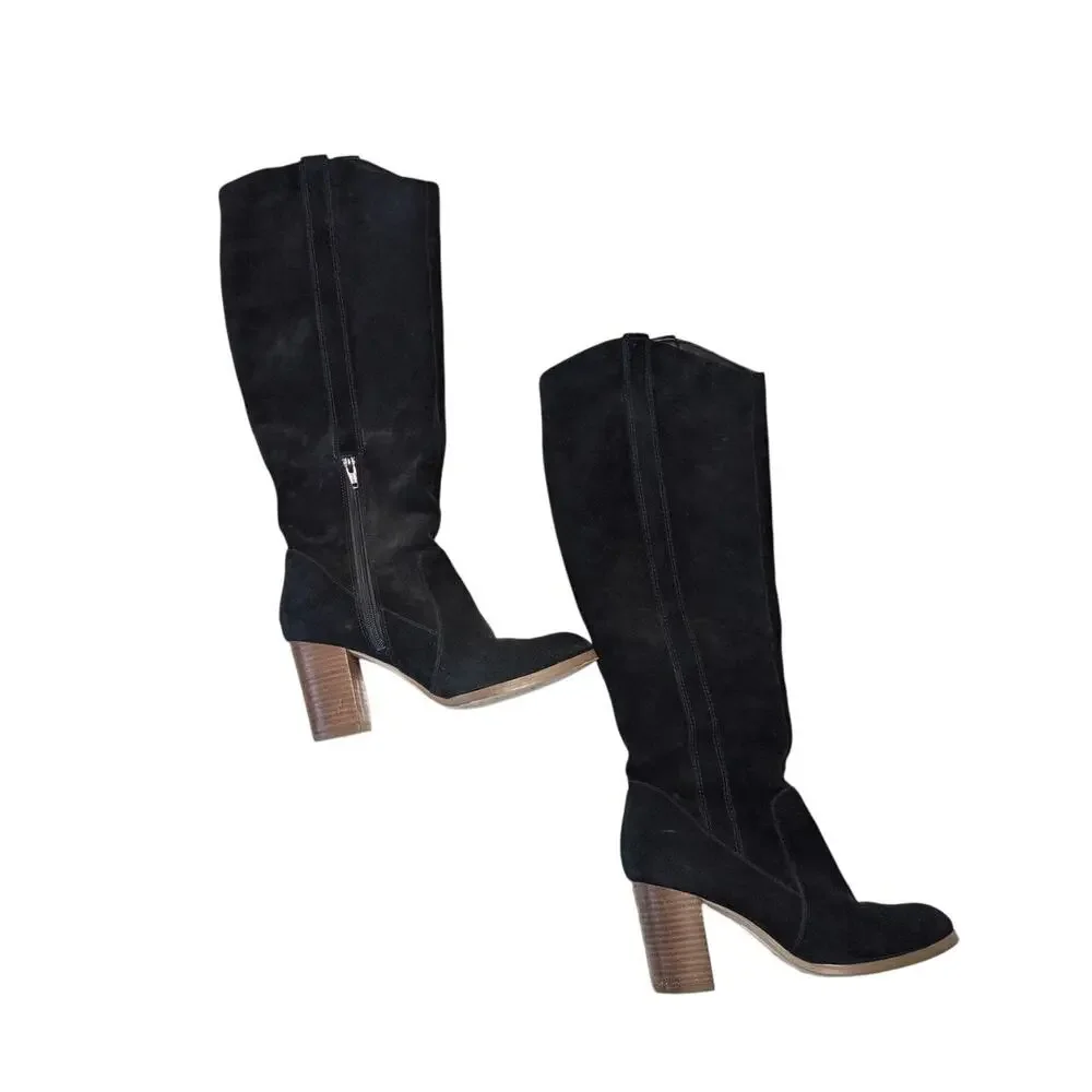 Sole Society Benedict Black Suede Knee High Boots Heeled Western Womens 8.5